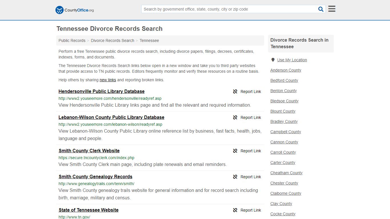 Tennessee Divorce Records Search - County Office